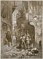 En gata i London under den stora pesten, illustration från Cassells Illustrated History of England (sepiafoto)