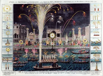 Vy över fyrverkeriet och illuminationerna hos Hans Nåd hertigen av Richmond i Whitehall och på floden Themsen, måndagen den 15 maj 1749