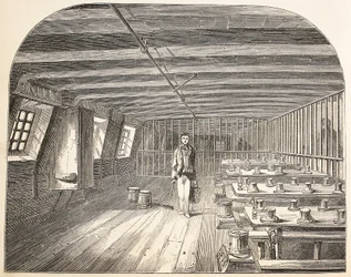 En avdelning ombord på Defense Hulk ordnade att de dömda återvände till middag, illustration från The Criminal Prisons of London och Scenes from Prison Life av Henry Mayhew och John Binny, pub. 18