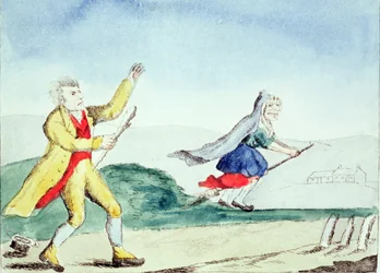En häxa skrämmer en man med en gos, ca 1790-talet