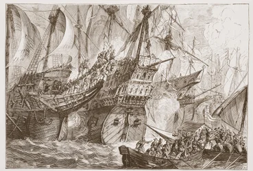 Åtgärd mellan den spanska flottan och skeppen av havets tiggare, illustration från The History of Protestantism av James Aitken Wylie (1808-1890), pub. 1878