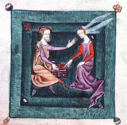 Lägg till 42130 fol.76v En kung och dam som sitter i en trädgård och spelar ett brädspel som liknar backgammon, från Luttrell Psalter, som började före 1340 för Sir Geoffrey Luttrell (vellum)