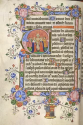 Lägg till. 42131 fol.151v Början av Psalm 80; initial "E": Davids och Michals äktenskap, båda krönta, från Bedford Psalter and Hours