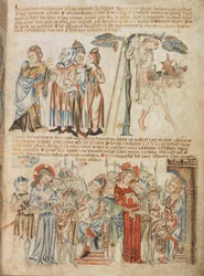 Lägg till. 47682, f.30, Judas lämnar tillbaka de trettio silverpjäserna; Judas död; Kristus före Pilatus och före Herodes, från Holkham Bible Picture Book, c.1320-30 (vellum)