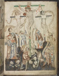 Lägg till. 47682, f.32, The Crucifixion, från Holkham Bible Picture Book, c.1320-30 (vellum)