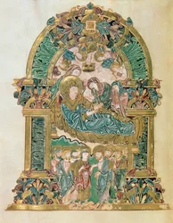 Lägg till 49598 f.102v Assumption of the Virgin, från Benedictional of St. Aethelwold, Winchester, c.980 (vellum)