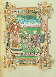 Lägg till 49598 f.24b Adoration of the Magi, från Benedictional of St. Aethelwold, Winchester, c.980 (vellum)
