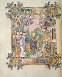 Lägg till 49598 f.45v Entry in Jerusalem, from Benedictional of St. Aethelwold, Winchester, c.980 (vellum)