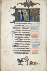 Add. 50000, f.146v Psalm 97; initialen "C", tre präster vid en läspulpet, sjungande. Längst ned på foliet predikar en tupp för en räv, ur Oscottpsaltaren, ca 1265-70