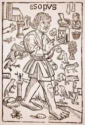 Aesop, frontispice till Aesops Fables av William Caxton (ca 1422-91), 1434 (sepiafoto)