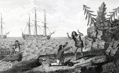 Gripande möte mellan två mokito-män, illustration hämtad ur Moores Resor och reseberättelser, 1778