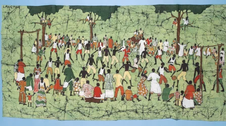 Afrikansk batik, illustration och fotbollsmatch med åskådare som tittar på (textil)