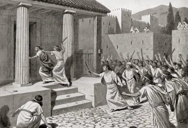 Alkandros, en ung man från Sparta, angriper Lykurgos, ur Hutchinsons ”Nationernas historia”, utgiven 1915