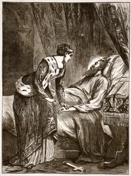 Alice Perrers vid Edward III:s dödsbädd, illustration från Cassells Illustrated History of England (sepiafoto)