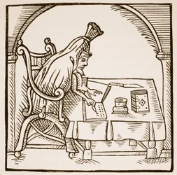 Allegorisk bild av Robert Green i sitt begravningshölje, från Greene in Conceipt av John Dickenson, 1598 (sepiafoto)
