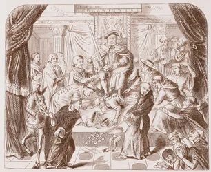 Allegorisk bild av Henrik VIII som trampar på påven Clement, från ett gammalt tryck i British Museum