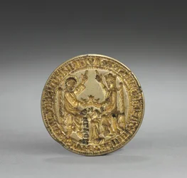 Mandelformat sigill: Jungfru Marias kröning med en knäböjande munk, 1300-1400