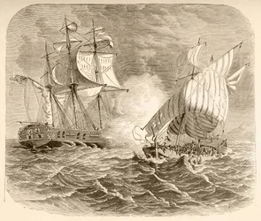 Ett amerikanskt marinfartyg fångar ett algeriskt piratskepp utanför Barbarys kust under det första barbariska kriget (litho)