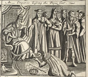 En kejsare som kysser påvens fötter, illustration från Acts and Monuments av John Foxe, nionde upplagan, pub. 1684