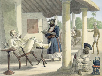 En engelsk tjänsteman och hans infödda tjänare, ca 1860 (färg litho)