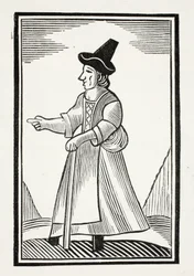 En gammal kvinna som skäller ut i en högkrönad hatt, illustration från 1700-talets kapitelböcker av John Ashton, pub. 1882