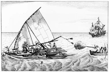 En incident under Le Maires (ca 1585-1616) och Schoutens (ca 1567-1625) världsomsegling 1615-16, från volym II av Chronological History of the Voyages and Discoveries in the South Sea