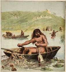 Forntida britt i sin båt, pub. 1890 (färglitografi)