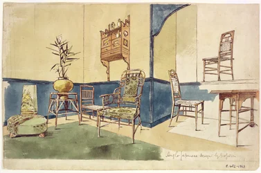 Möbeldesign i Anglo japansk stil av Edward William Godwin (1833-86) c.1860 (wc på papper)