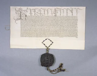 Arkiv 11980: Charterinspelning beviljat av kung Henry VI till New College Oxford av ägorna i Newton Longville, 1441 (bläck på pergament)