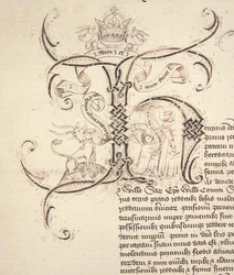 Arkiv 11980: Dekorerad initial H från kunglig charterinspelning beviljat av kung Henry VI till New College Oxford av ägorna i Newton Longville