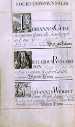 Arkiv 3693 f.60v Sida som listar tre välgörare från New College, Oxford; Johannes Guise, Richardus Richardson och Johannes Wright, från en välgörenhetsbok, 16812-84 (penna och bläck)
