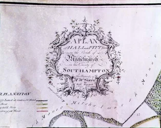 Arkiv 5629 Beskrivande kartusch från en karta med texten "A Plan of Hall and Pitt farms in the Parish of Mitchelmarsh in County of Southampton, Mr. W. Goffes egendom, av Richard Randall, Land Surveyor"