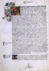 Arkiv 9432 f.17v Sida med text med upplyst initial, från Foundations Book of Robert Sherborne eller Shirburn (c.1450-1536) Bishop of Chichester (vellum)