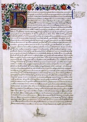 Arkiv 9432 f.3 Textsida med upplyst initial "H", från Foundations Book of Robert Sherborne eller Shirburn (ca 1450-1536) biskop av Chichester (vellum)