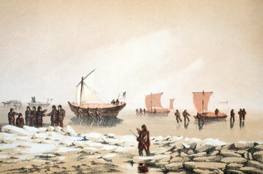 Arctic Travelling, illustration från Voyage to Baffins Bay and Barrow Straits..., 1852 (handfärgad gravyr)