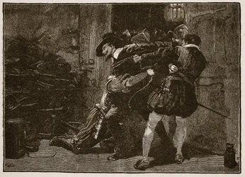 Arrestering av Guy Fawkes, illustration från Cassells Illustrated History of England (sepiafoto)