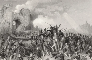 Assault of Delhi och Capture of the Cashmere Gate den 14 september 1857, från "The History of the Indian Mytery" publicerad 1858