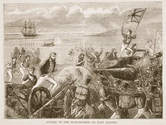 Attack of the Blue-jackets on Port Jacotel, illustration från Cassells Illustrated History of India av James Grant, pub. 1879