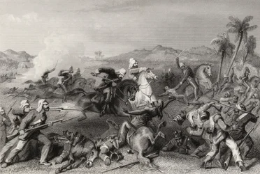 Attack på Sealcote-myteristerna av general Nicholsons irreguljära kavalleri 1857, från "The History of the Indian Mytery" publicerad 1858