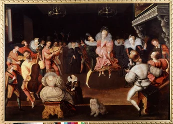 Bal vid Englands domstol Musiker och dansare. Målning av 1500-talets engelska skola. London, nationellt porträttgalleri.