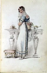 Bollklänning, modetallrik från Ackermanns Repository of Arts (färgad gravyr)