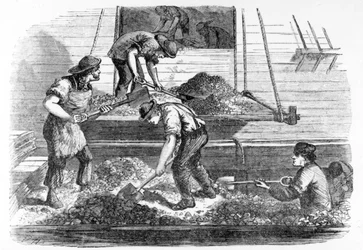 Ballasthuggare i arbete i poolen, illustration från "London Labour and the London Poor" av Henry Mayhew, ca 1840-talet.