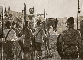 Bannockburn: Bruce granskar sina trupper före strid, illustration från Cassells Illustrated History of England (sepiafoto)
