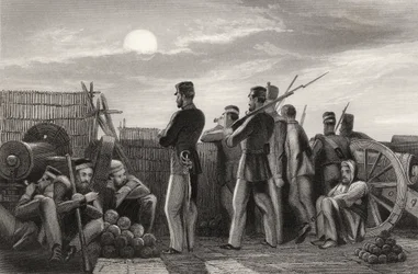 Batteriet vid Lucknow, försvararna på utkik, från "The History of the Indian Mutiny".