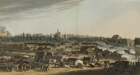 Slaget vid Leipzig, 16-19 oktober 1813, från En illustrerad uppteckning över viktiga händelser i Europas annaler under åren 1812, 1813, 1814 & 1815, 1815 (färgakvatint)
