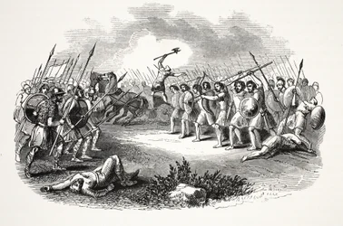 Slaget vid Rhuddlan Marsh, pub. 1800-talet (stålgravyr)
