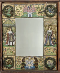Pärlspegel, ca. 1672-79 (silke-, metall- och lädertrådar med glaspärlor och spangles på siden-satin-slipad ek)