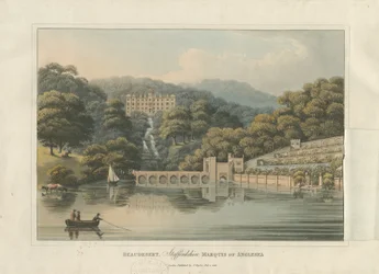 Beaudesert Hall and Park: färgad akvatintgravyr, 1816