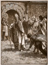 Becket före sina fiender i Council Hall i Northampton, illustration från Cassells Illustrated History of England (sepiafoto)