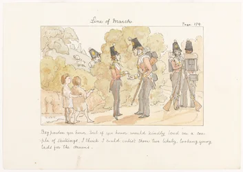 Ber Ursäkta din ära, men om din ära snällt skulle låna mig ett par shilling tror jag att jag skulle kunna värva dessa två troligtvis ser unga pojkar till trummorna, ca 1850 (akvarell på papper)